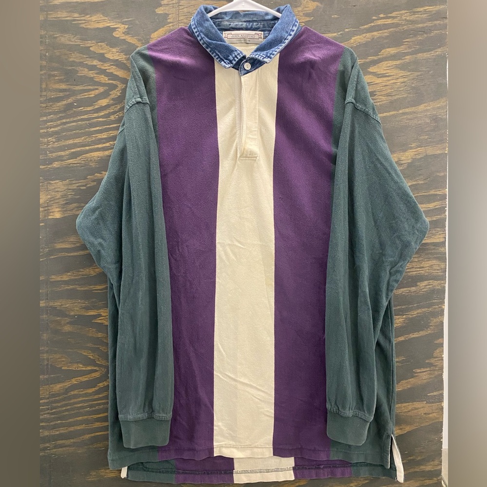 Vintage 90s John Ashford Men’s XL Rugby Shirt Denim Collar Purple Green Cream